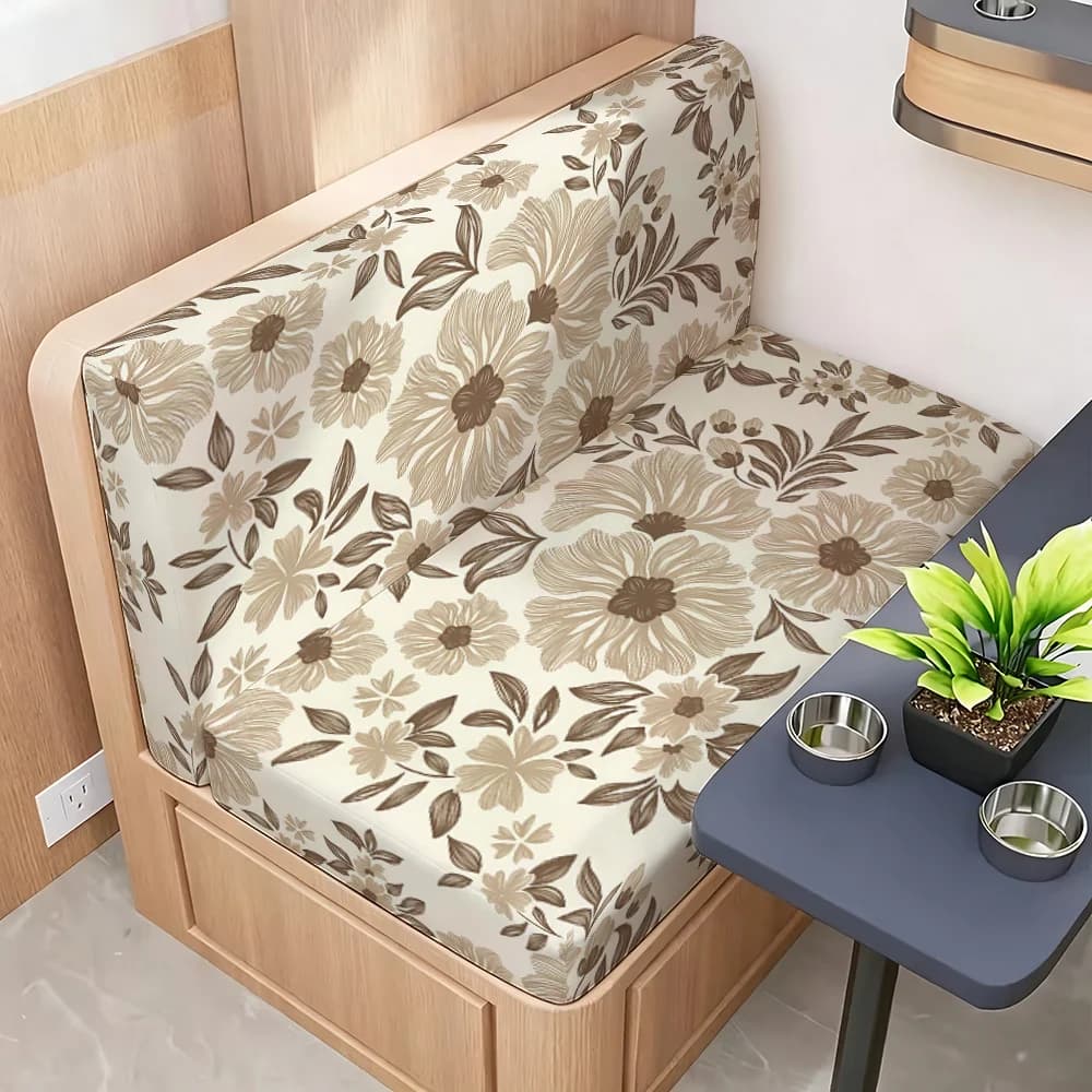 2pcs Midi Retro Brown Tone Line-Drawn Floral Pattern Elastic Campervan Sofa Cover, suitable for decoration of camping vehicles