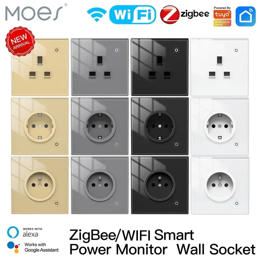 Moes ZigBee Wall Grip WIFI Smart Glass Panel Outlet Power Monitor tuya Wireless Control Timer Alexa Google Home voice UK EU FR