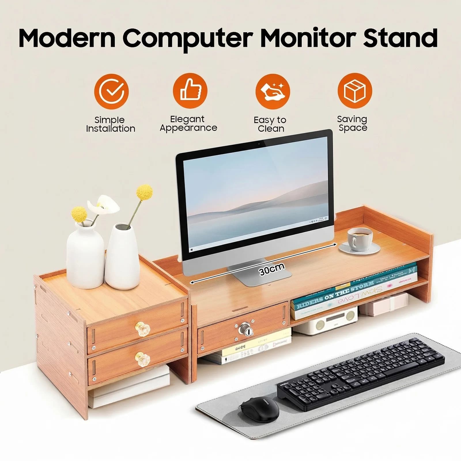 Computer Monitor Stand Computer Rack with 3 Drawers 2 Keys Phone Holder Ergonomic Comfort 18.9*7.9*5.3in Loading 5KG for Study Office