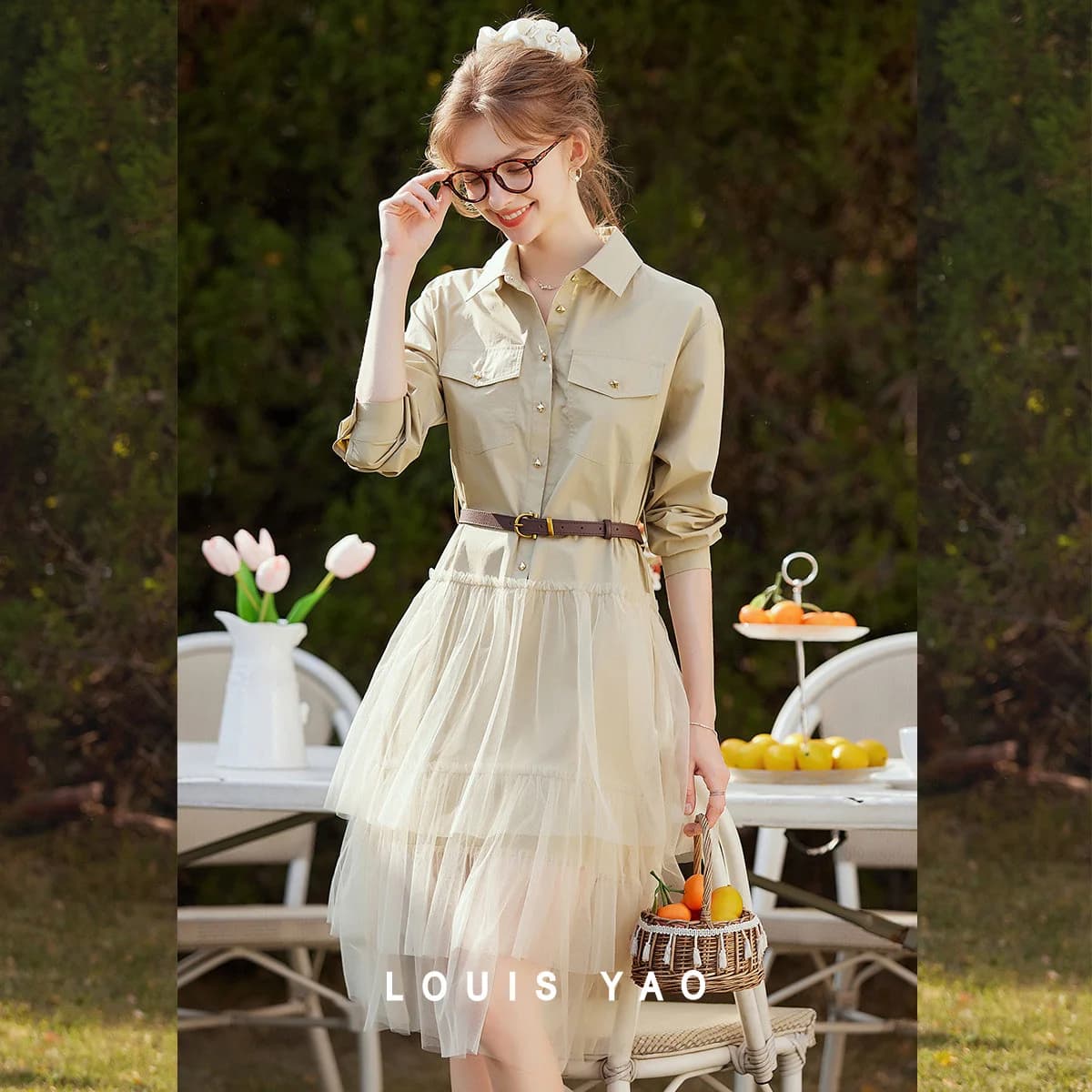 LOUIS YAO Fashion Mesh Splicing Dress 2025 Spring Elegant Shirt Collar Half-Placket Detachable Belt Long Sleeve Dress for Women