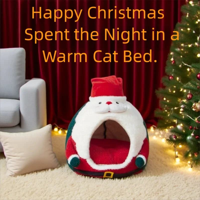 Lettino natalizio per animali domestici Casa di Babbo Natale Caldo peluche calmante Nido per cani per gatti Cuccia invernale per gatti da interno Cani di piccola taglia Rifugio accogliente