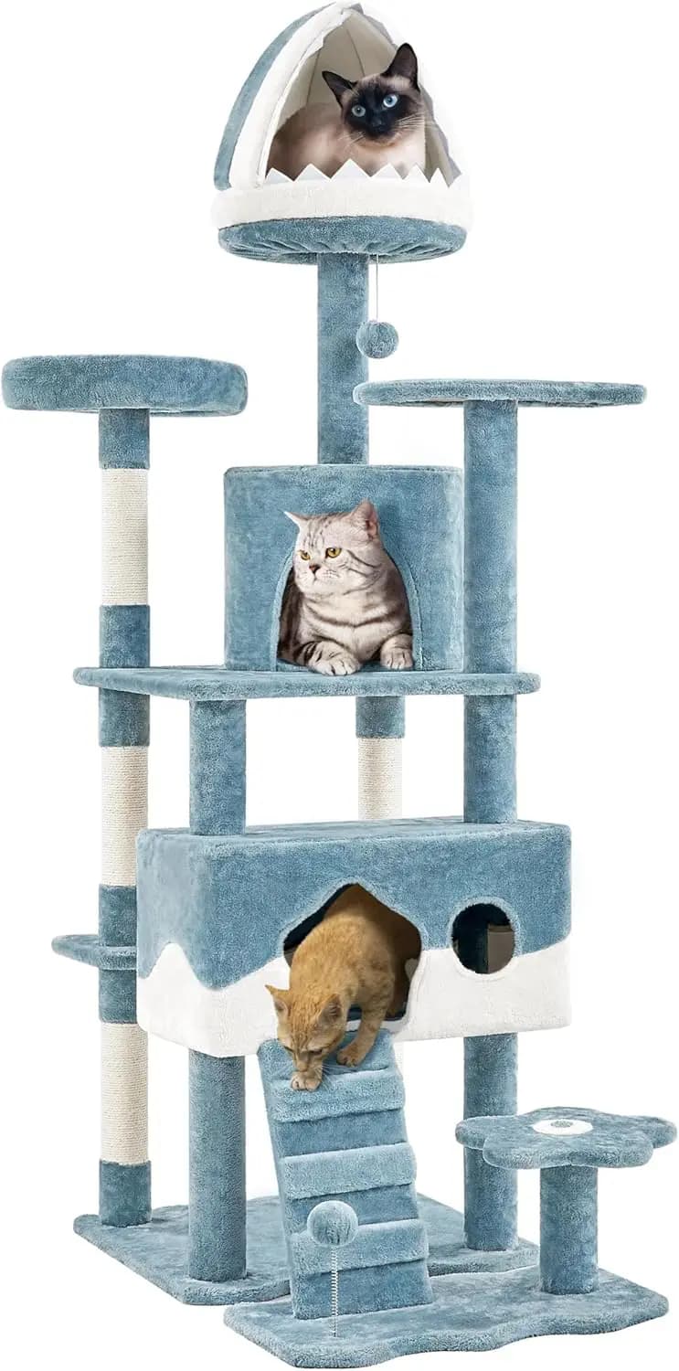 Grande Albero per Gatti a Tema Oceano, Torre Multi-Livello da 184 cm con Letto a Forma di Squalo, Cucce, Piattaforme e Giocattoli per Gatti da Interno