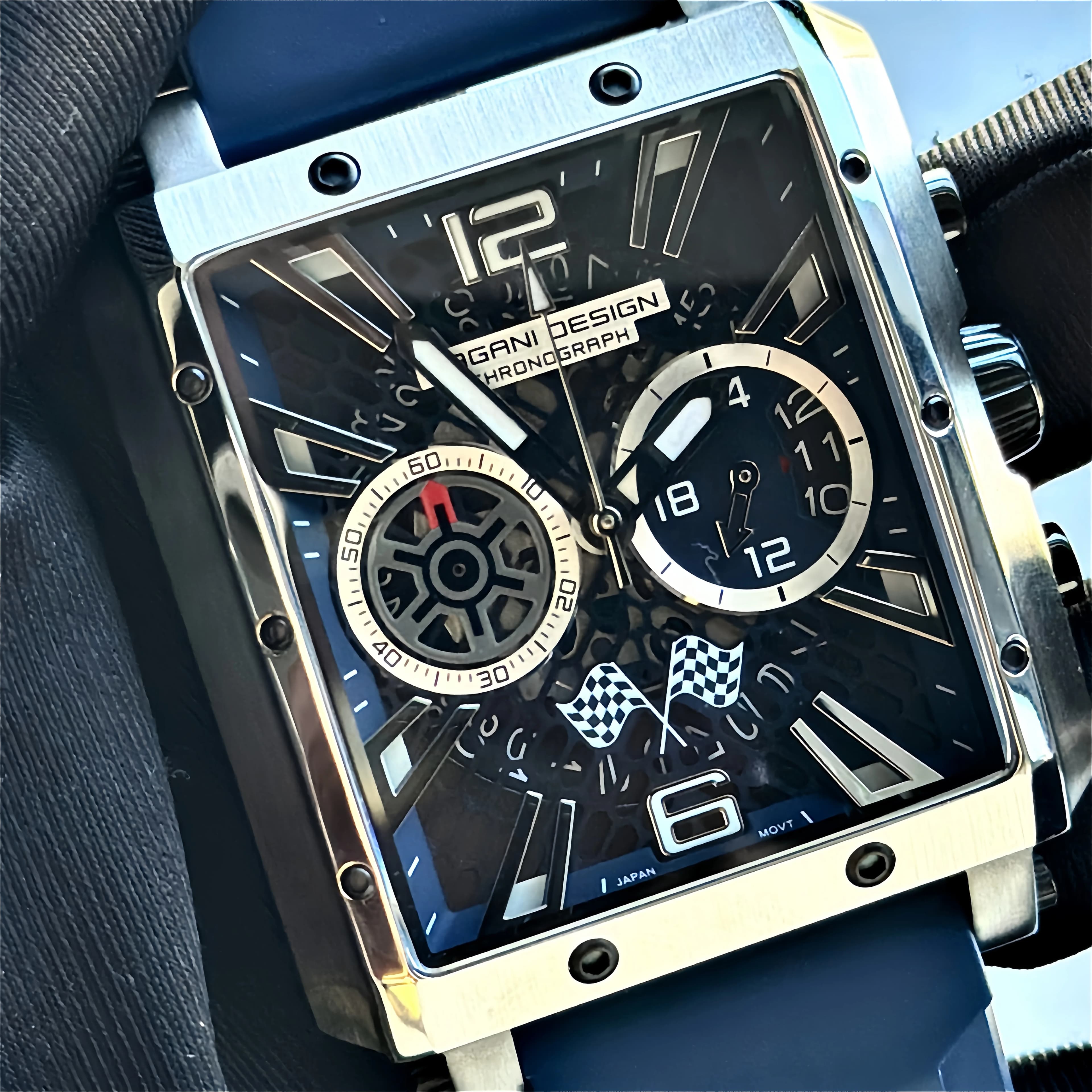 PAGANI DESIGN 2026 Nuovo Modello Orologio Quadrato da Uomo Nero Oro Blu con Quadrante Cronografo Cavo, Cinturino in Silicone, Impermeabile, reloj hombre