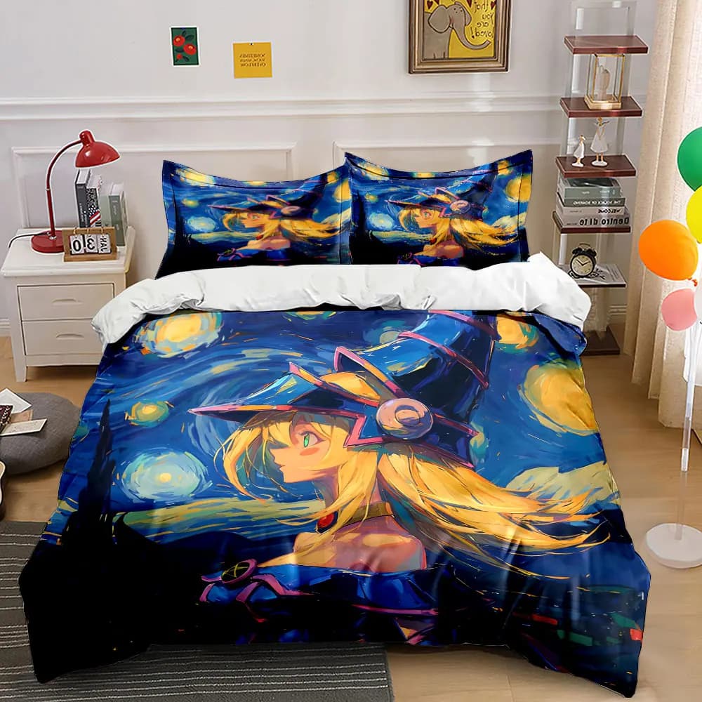 Set di biancheria da letto Dark Magician Girl Starry Night da 3 pezzi, Yu-Gi-Oh! Copripiumino con Stampa Fan Art + 2 Federe, Decorazione Anime