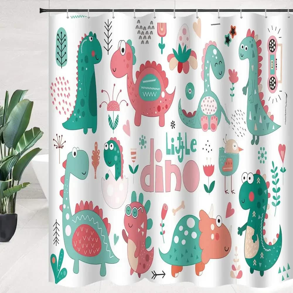 Tenda da doccia con dinosauri dei cartoni animati, animali colorati per bambini, ragazzi e ragazze, decorazione per il bagno, schermo per vasca in tessuto impermeabile in poliestere