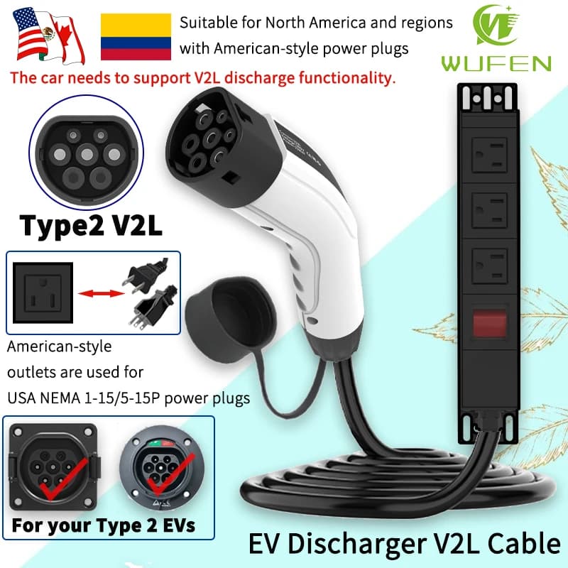 WUFEN Cavo portatile tipo 2 V2L 16A con interruttore di alimentazione per veicolo automobilistico cinese EV per scaricatore di carico per uso esterno in campeggio