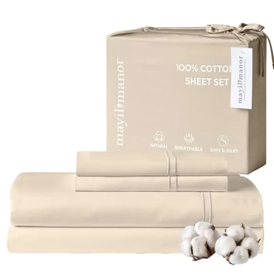 Set di Lenzuola in Cotone 100% Naturale, 500 TC, Tessuto Satinato a Singolo Strato, Morbido e Ipoallergenico, Set da 4 Pezzi