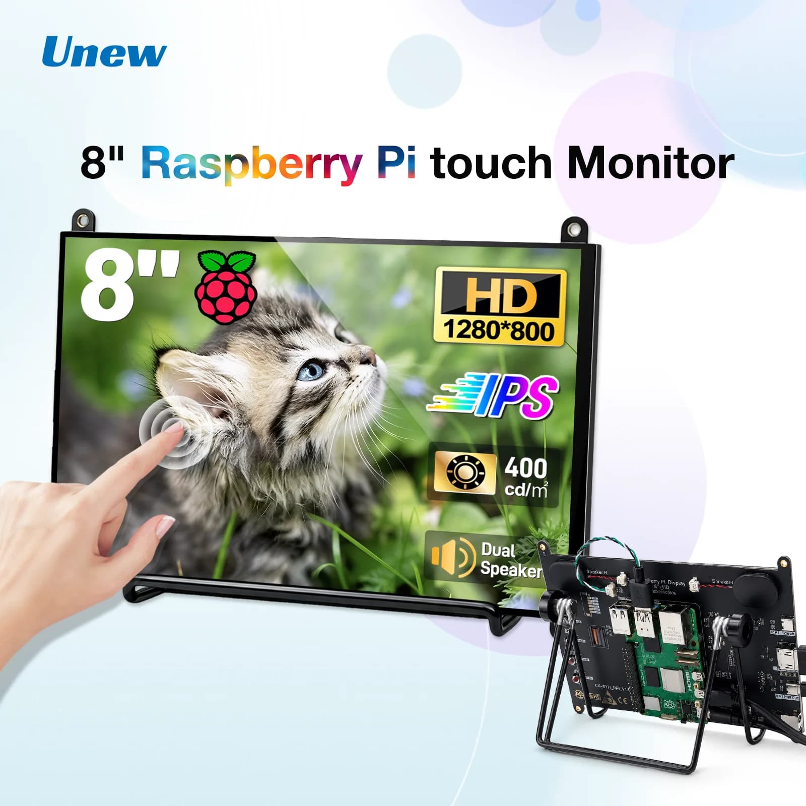 8 Inch IPS Touch Monitor 1280×800 Screen Display for Raspberry Pi 5/4/3, Built-in Speakers, HDMI Type-C