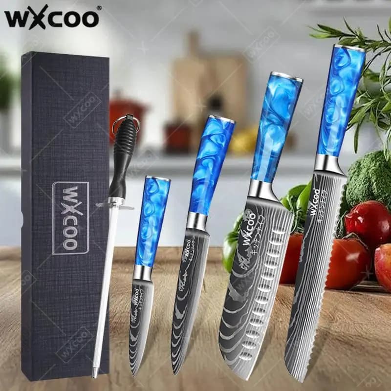 Coltello da Cucina Professionale WXCOO, Coltello Santoku Giapponese con Motivo Damascato al Laser, Manico in Resina Blu, Coltello Multiuso con Confezione Regalo