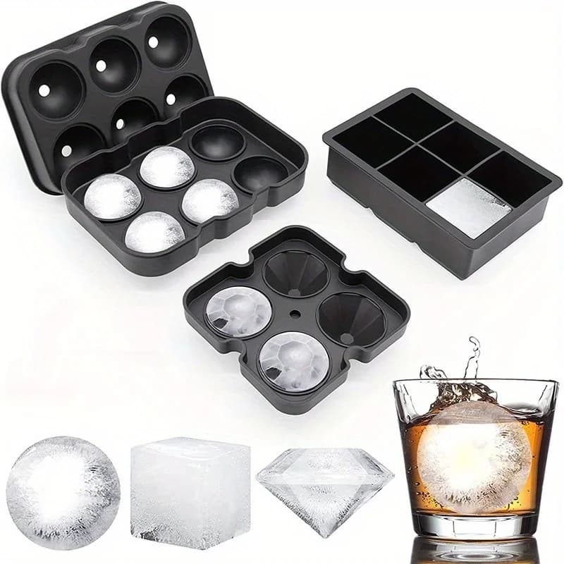 Grandi vassoi per cubetti di ghiaccio Stampi per cubetti di ghiaccio in silicone per congelatore con coperchio Stampo per ghiaccio riutilizzabile per whisky Stampo per ghiaccio con diamante a sfera
