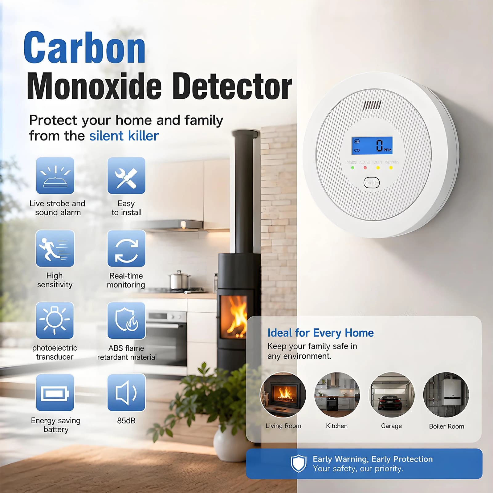 Carbon Monoxide Alarm LCD Display Battery Powered 85dB Ultra-low Independent CO Detector For Gas Wall-hung Stoves Coal Stoves