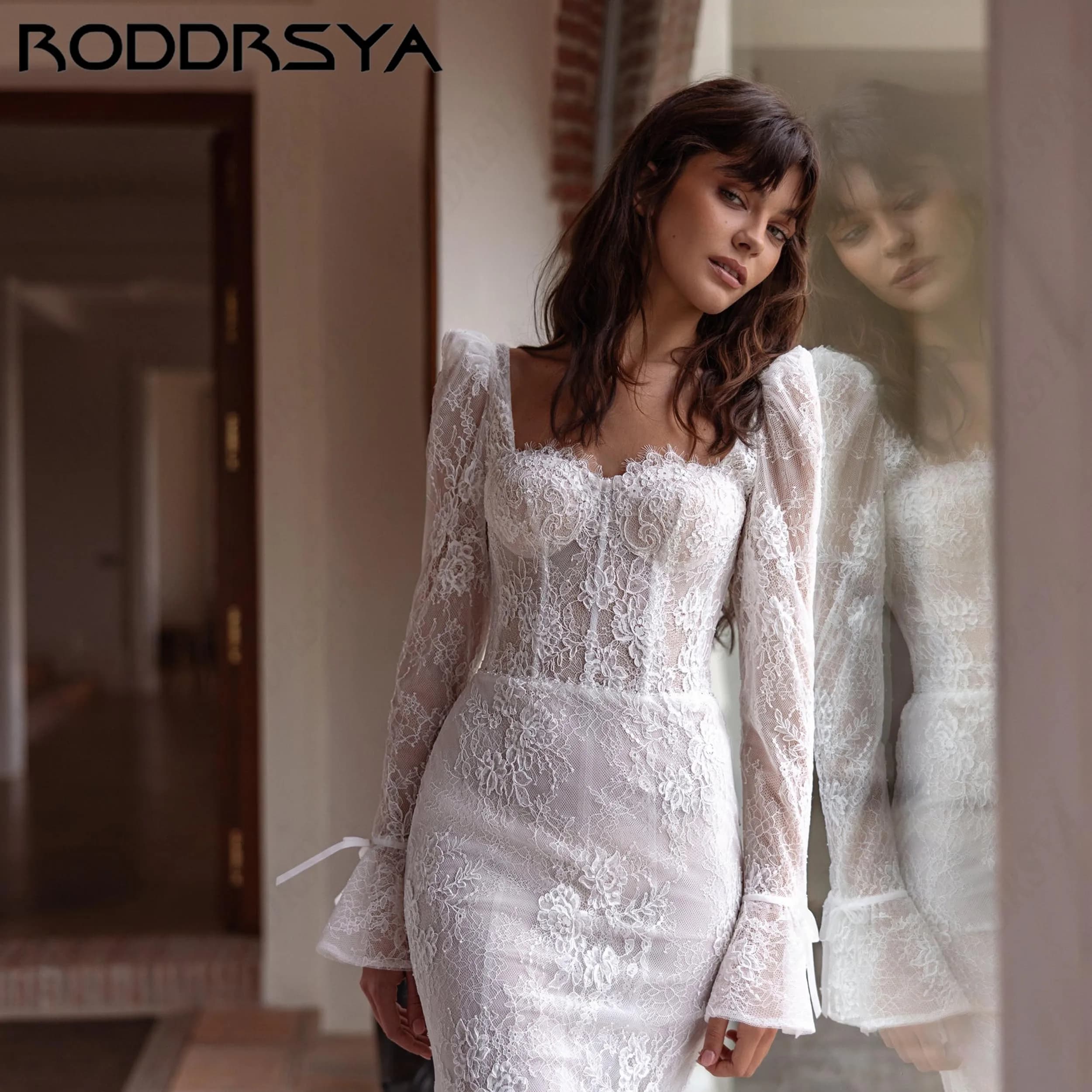 RODDRSYA Customized Lace Mermaid Wedding Dresses Boho Sweetheart Bride Gown Flare Sleeves Court Train Floor Length Bridal Dress