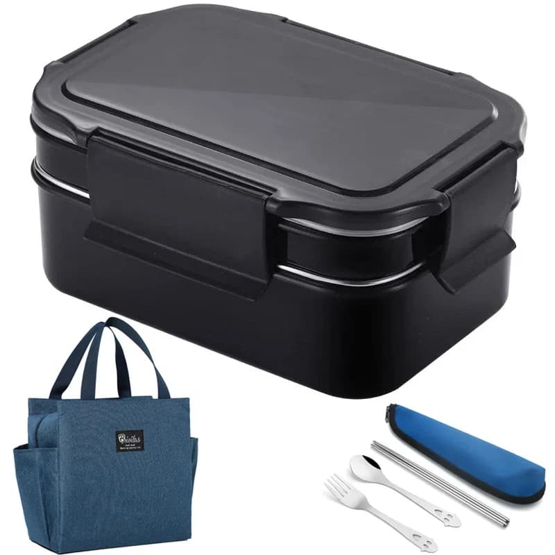 Contenitore per il pranzo nero in acciaio inossidabile da 1,6 litri Contenitore per alimenti da campeggio Picnic Scuola Impiegato Ufficio Bento Box a tenuta stagna Set giapponese a 2 strati