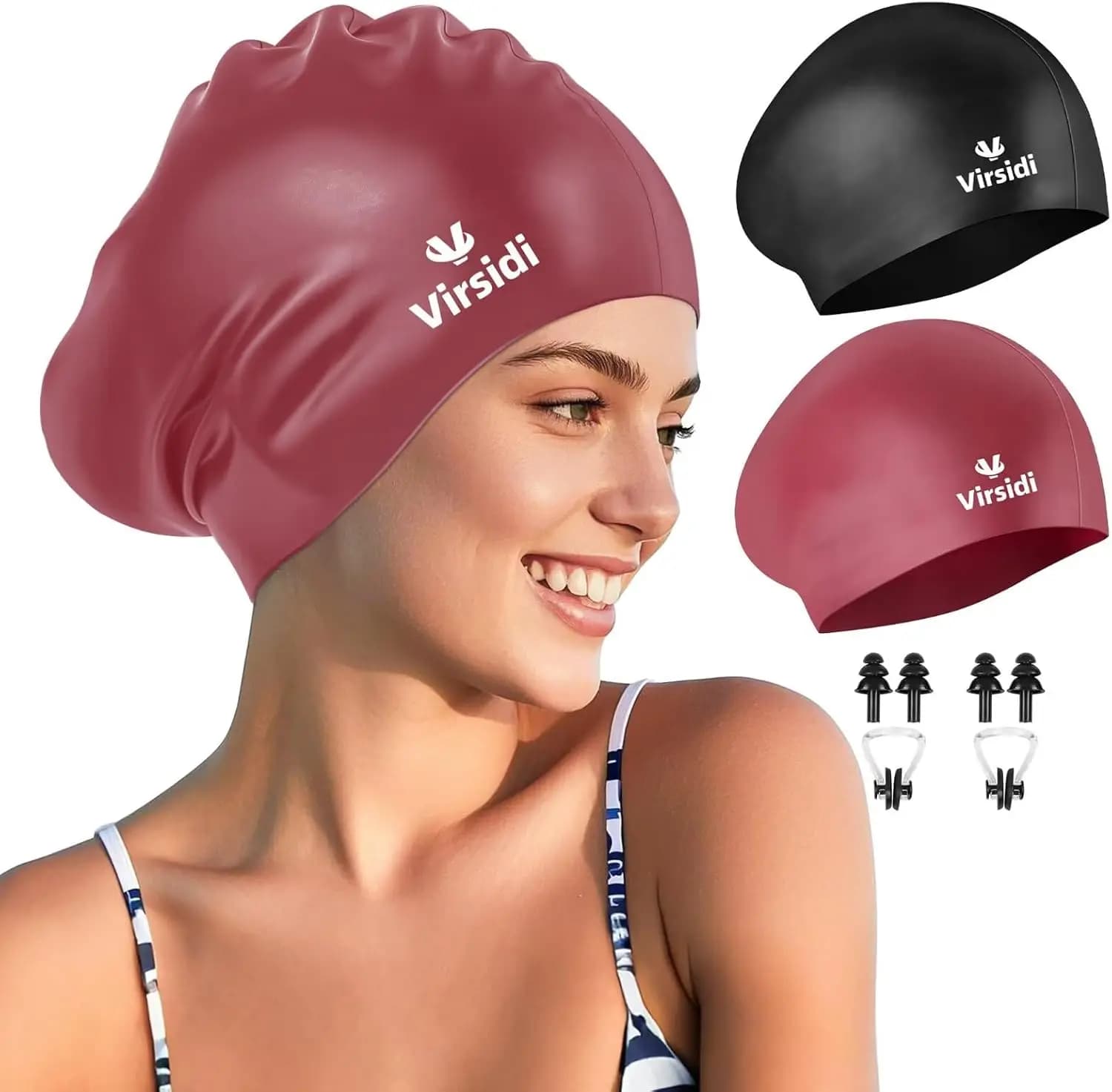 Confezione da 2 Cuffie da Nuoto Grandi per Capelli Lunghi, Cuffie in Silicone per Adulti Donna Uomo, Cappelli da Nuoto Impermeabili con Clip Nasale Bonus e