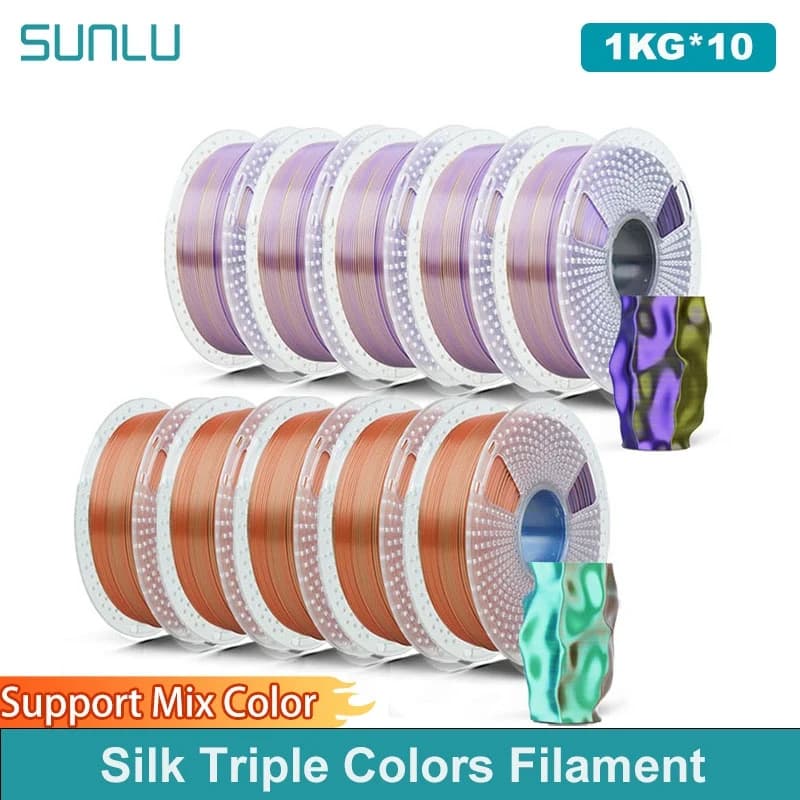 SUNLU 10KG Silk PLA Plus Triple color 1KG 1,75mm Pla + Rabinbow Triple colors Ordered 3D Filament wrapped for 3D printer