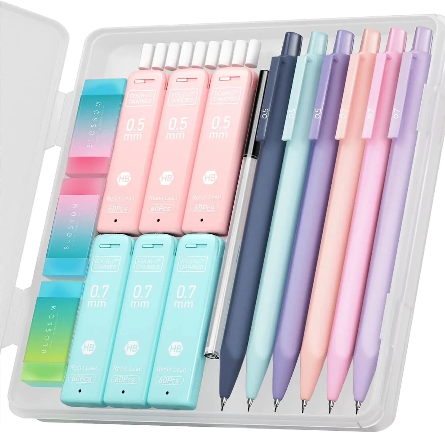 Pastel Mechanical Pencil Set 0.5 & 0.7mm with 360 Leads, Erasers, Cute School Supplies for Girls