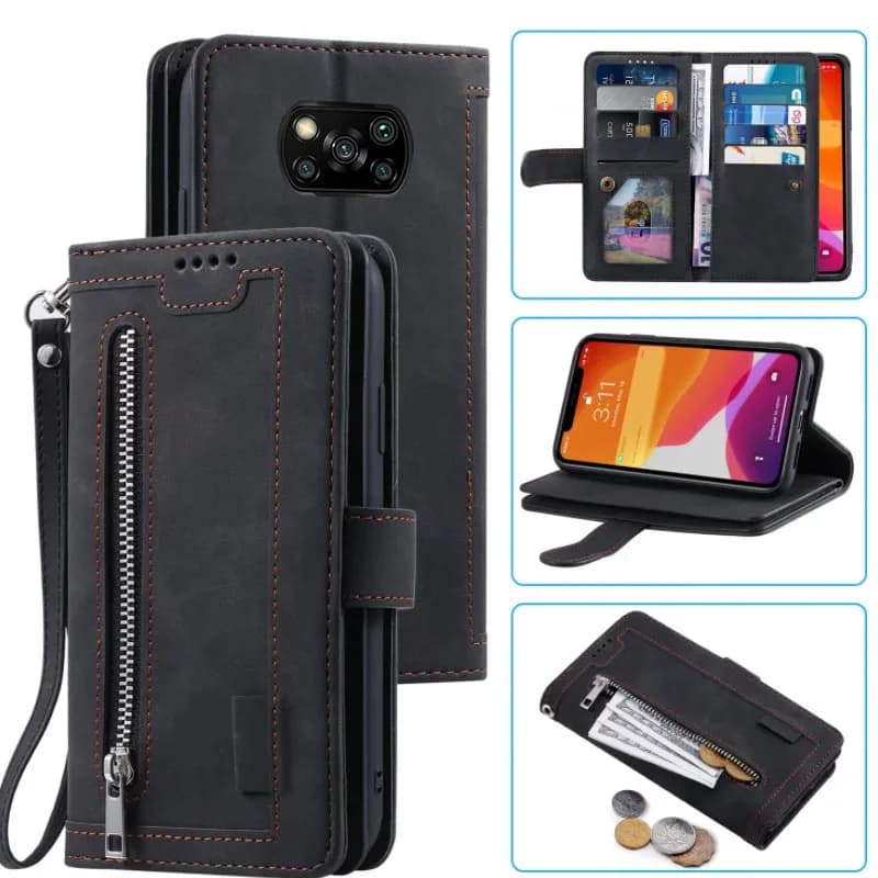 Custodia a portafoglio per 9 carte per Xiaomi Poco X3 NFC/X3 Pro custodia per telefono Slot per schede cerniera Flip Folio con cinturino da polso