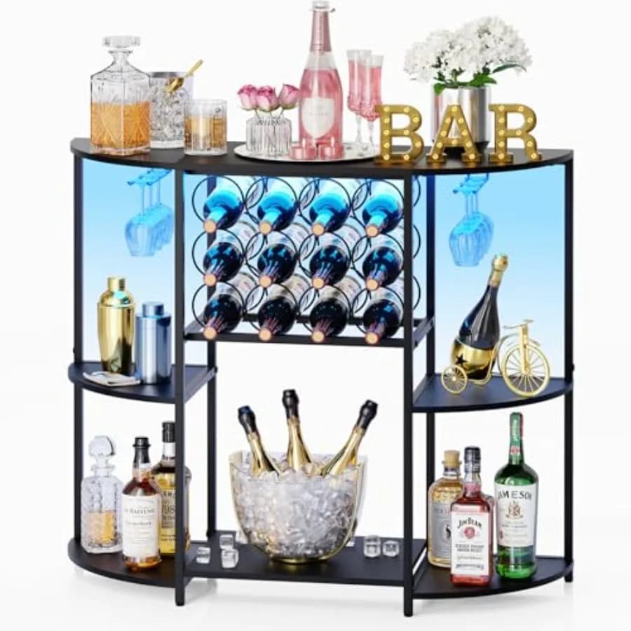 Mobile Bar per Vini con Luci LED, Carrello Bar Mini con Vano Portaoggetti e Portabicchieri, Bar Domestico per Liquori, Bar a 3 Ripiani