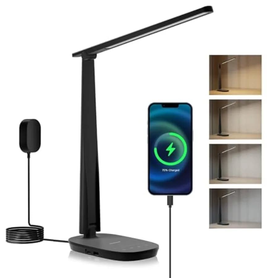 Lampada da Scrivania LED HWT-H2 CRI94 a Spettro Completo, Luce da Tavolo Pieghevole e Dimmerabile con 4 Modalità di Colore e Porte di Ricarica USB A+C