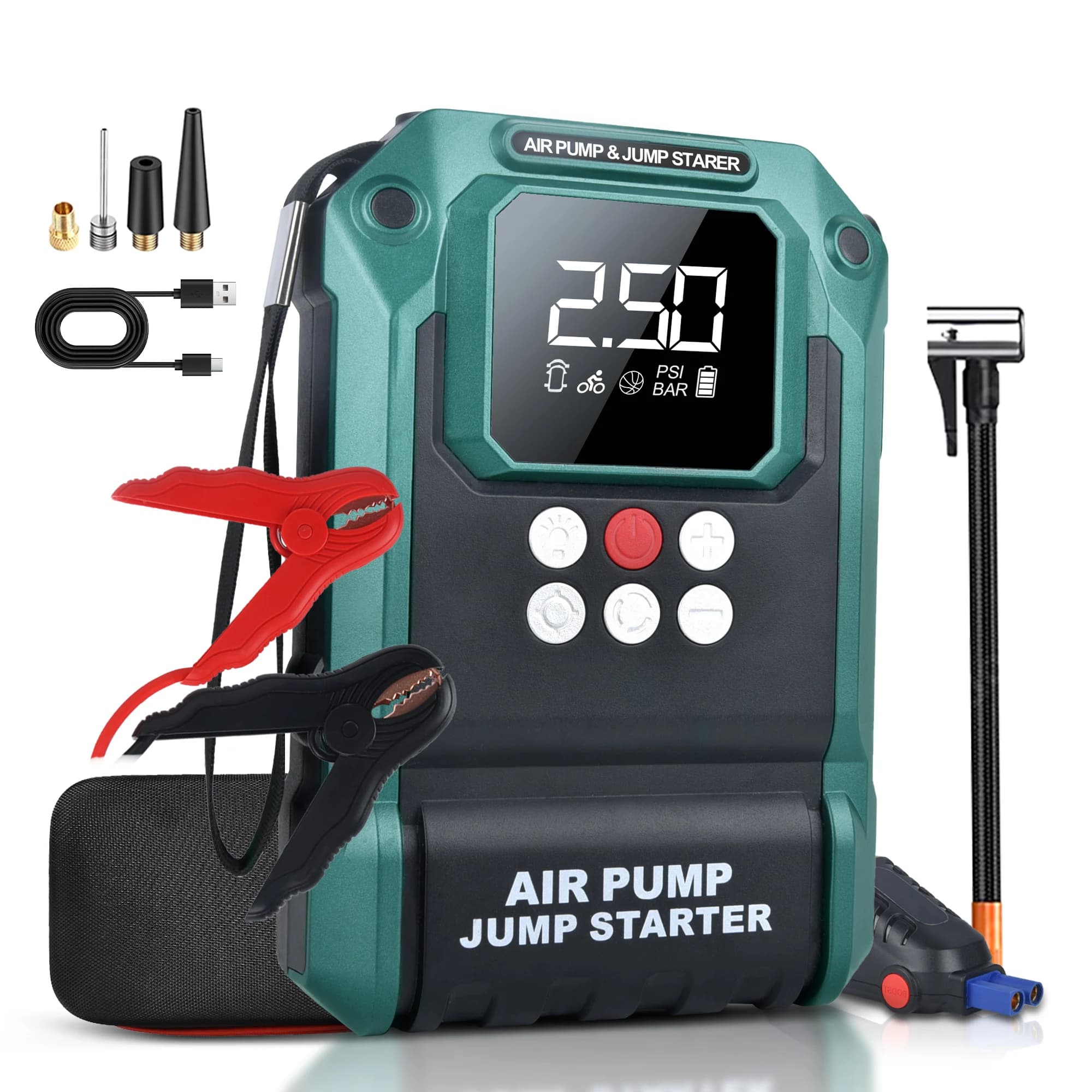 Avviatore di emergenza con compressore d'aria, avviamento di emergenza per auto 2000A 150PSI, avviamento di emergenza a batteria da 1800 mAh portatile, scatola di salto 12V con Smart Ju