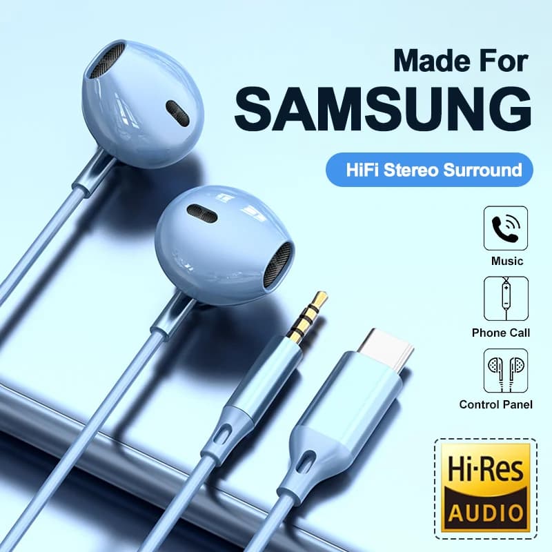 For Samsung HiFi Surround Sound In-ear USB Type C 3.5 mm With Wire Control Wired Ear Caps for Galaxy S24 S22 Ultra
