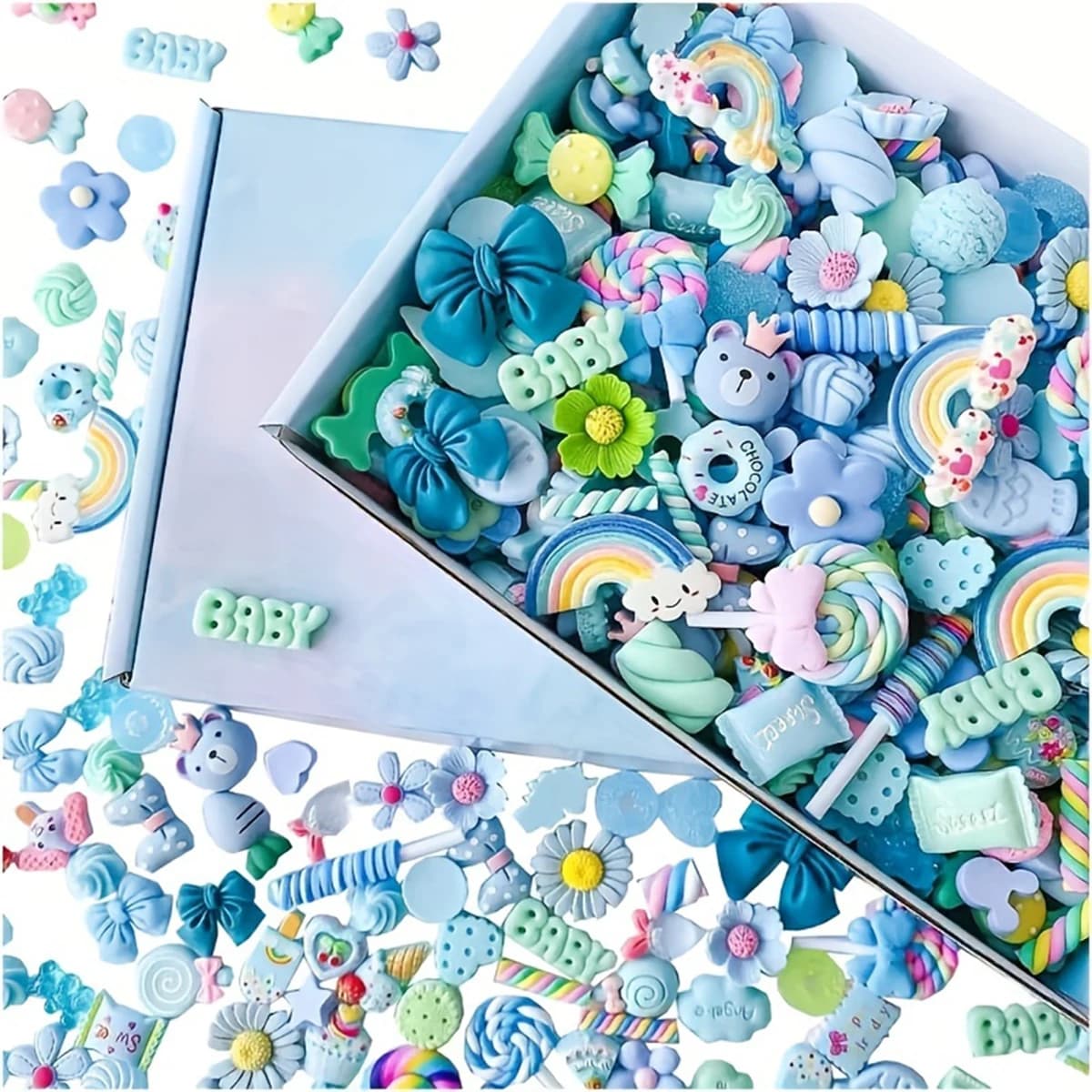 Set di 100 Ciondoli Blu a Forma di Slime, Ciondoli in Resina con Retro Piatto, Decorati con Lavorazioni Artigianali Fai-da-Te