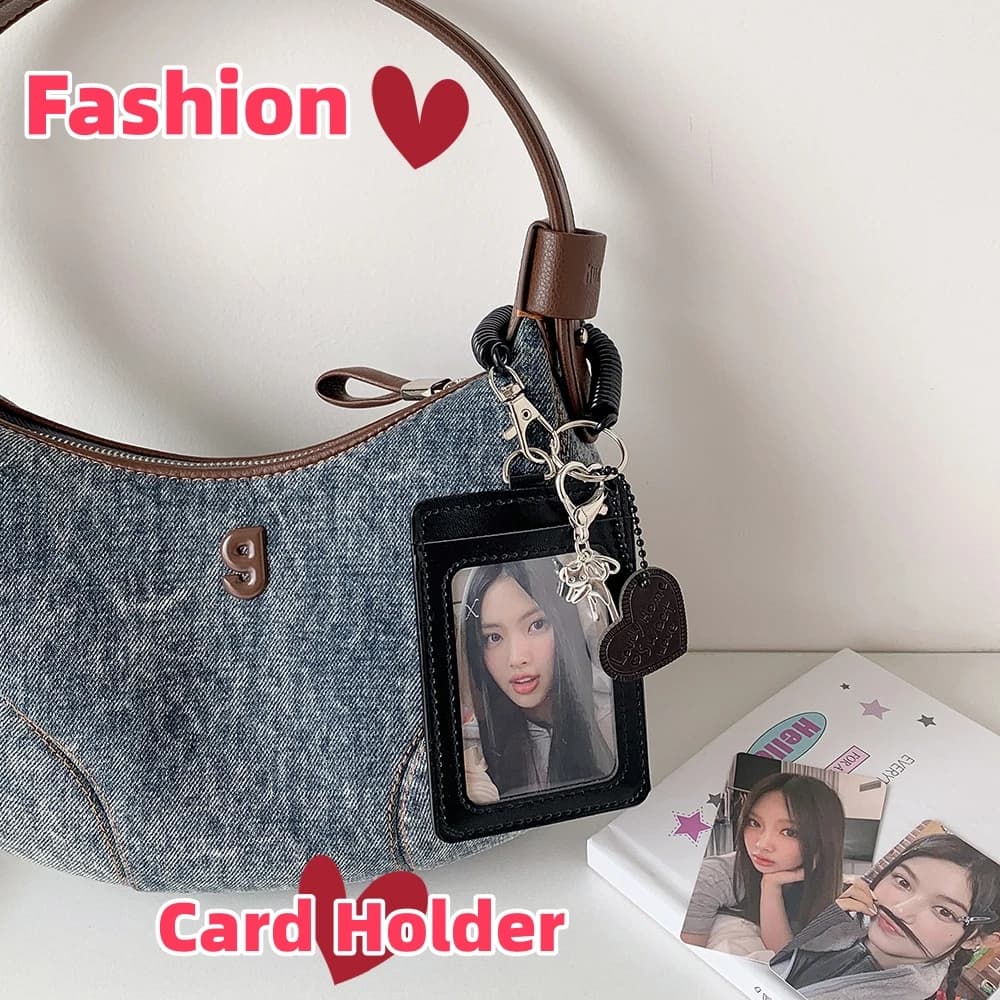 Korean fashionable black card holder, cute 3 in 1 photo holder for female idol, decoration, bag, pendant, keychain, card album, gift for students