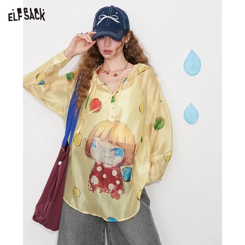 ELFSACK 2025 Felpa con cappuccio allentata con cappuccio stampata originale leggera e traspirante del nuovo arrivo estivo per donna