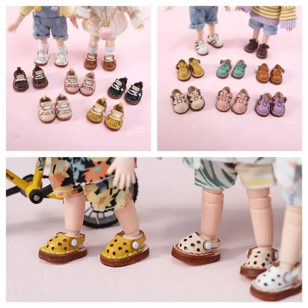 1 paio di mini scarpe da bambola sandalo Ob11 scarpe fatte a mano vestono pelle bovina scarpe da bambola con foro casual mini sandali carini stivali Holala ragazze