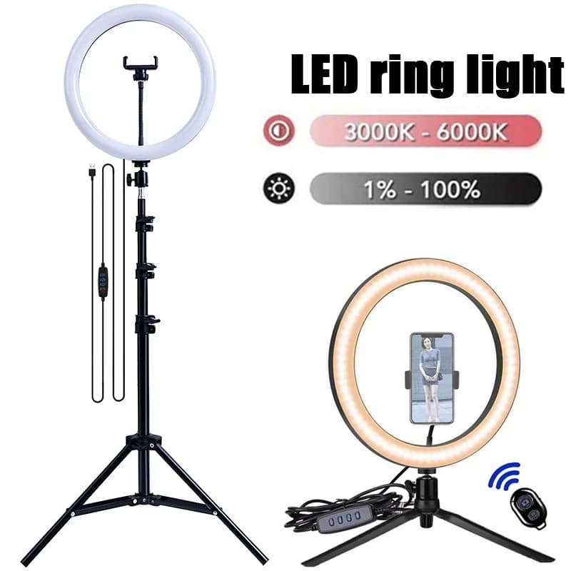 Lampada ad anello LED per selfie da 16/26/33 cm, luce per video e fotografia, dimmerabile, con treppiede e telecomando per telefono, per video live