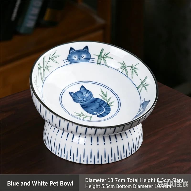 Hot Sale Japanese Blue & White High Foot Ceramic Bowl Anti Black Chin Tilted Food & Water Bowl for Cats and Dogs Pet Supplies