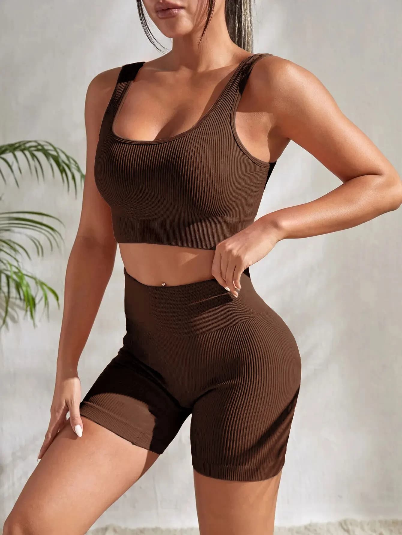 CZGUKE seamless ribbed yoga set, women's sports set, 2-piece set, short top, high waist shorts, fitness set, cycling and running