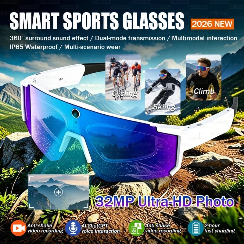 Nuovi Occhiali Smart 2026 per Ripresa e Registrazione, Anti-Vibrazione, Fotocamera HD 800W, Assistente Vocale AI, Chiamate Bluetooth, per Ciclismo e Sci