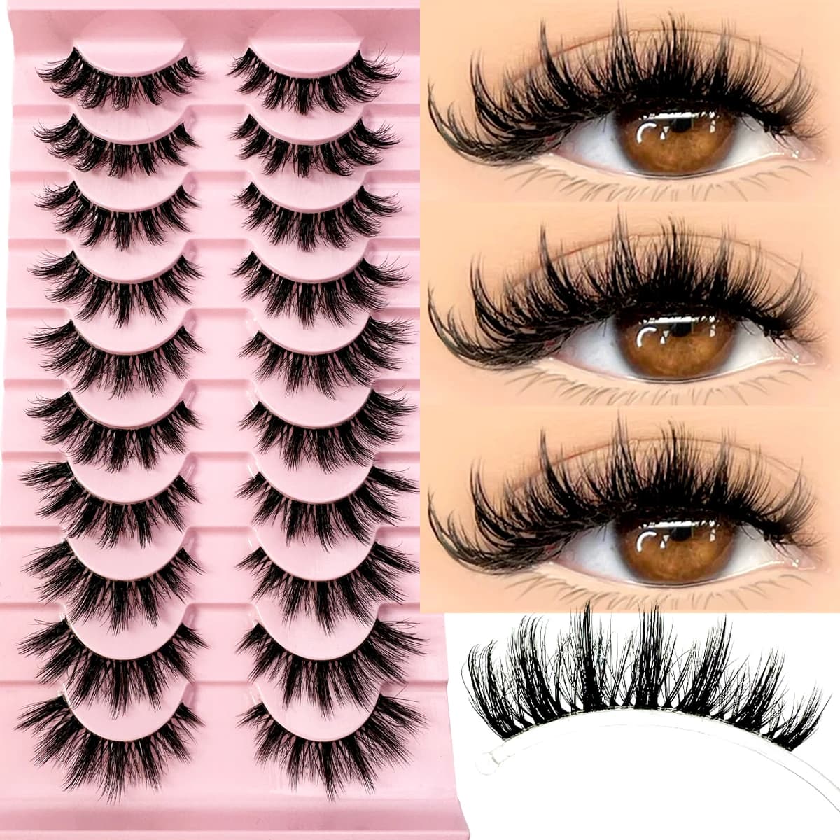 7 Paia di Ciglia Finte 3D in Visone Naturale con Stelo Lungo Trasparente, Ciglia Manga Morbide e Voluminose, Extension per Trucco