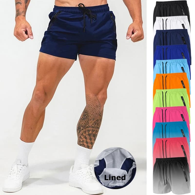 Pantaloncini da corsa da allenamento per palestra da uomo con tasche con cerniera Fodera in rete Sport estivi Pantaloncini elasticizzati atletici ad asciugatura rapida Costume da bagno