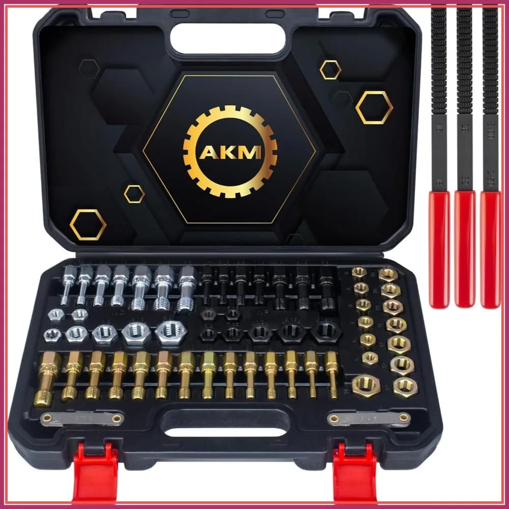 Kit Ripristino Filetti da 61 Pezzi, Strumento per Riparazione Filetti, Set per Filettature UNC, UNF e Metriche con Calibro di Passo