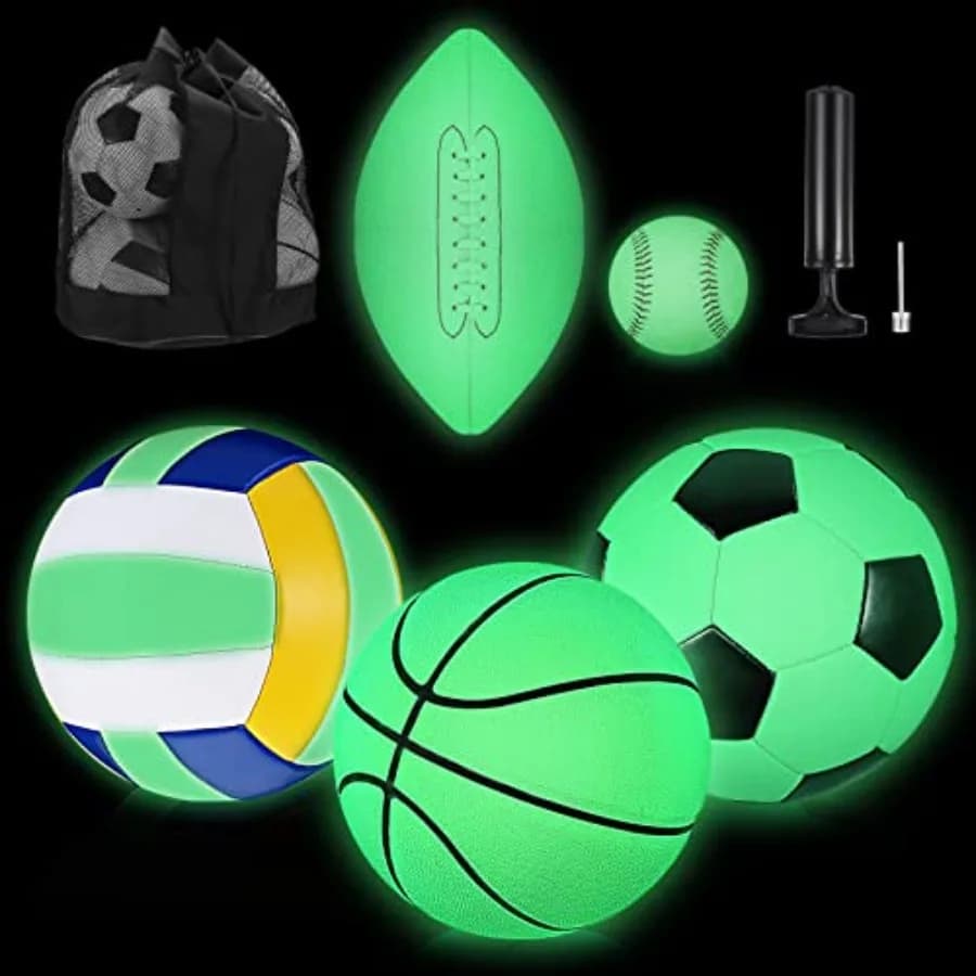 Set di 5 palloni sportivi luminosi al buio per adulti e ragazzi, dimensioni ufficiali, pallavolo, calcio, basket, baseball.