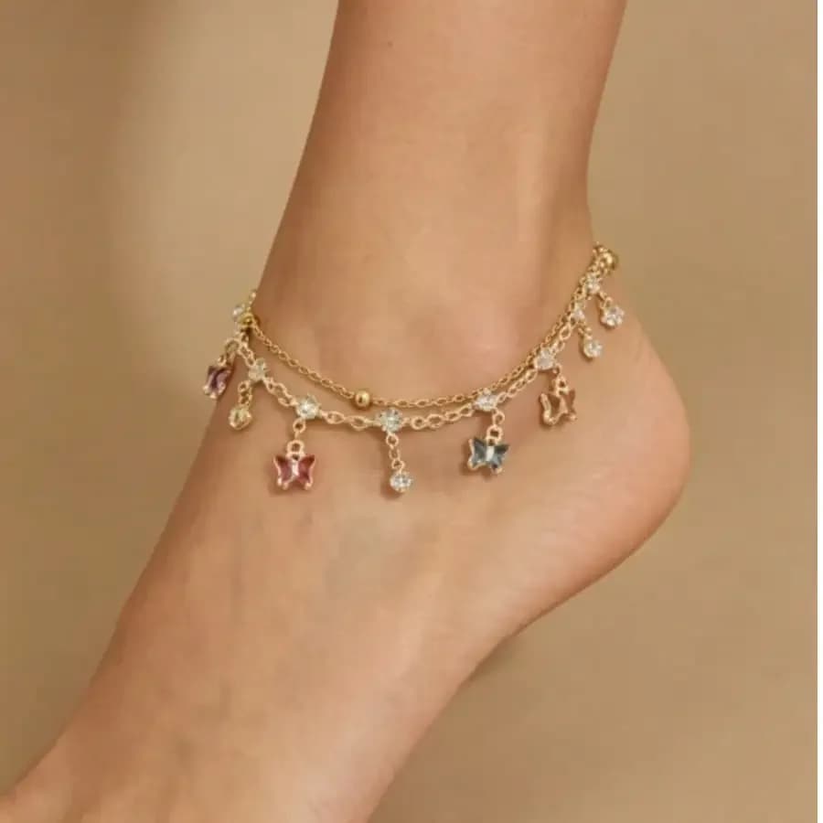Cavigliera a Doppio Strato in Acciaio Inossidabile con Decorazione a Farfalla in Strass Colorati di Lusso per Donne