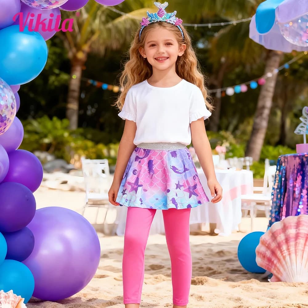 VIKITA Leggings per ragazze finte da 2 pezzi Leggings a balze rosa per bambini con gonna con stampa a sirena Completi per pantaloni morbidi in cotone casual quotidiano per bambini