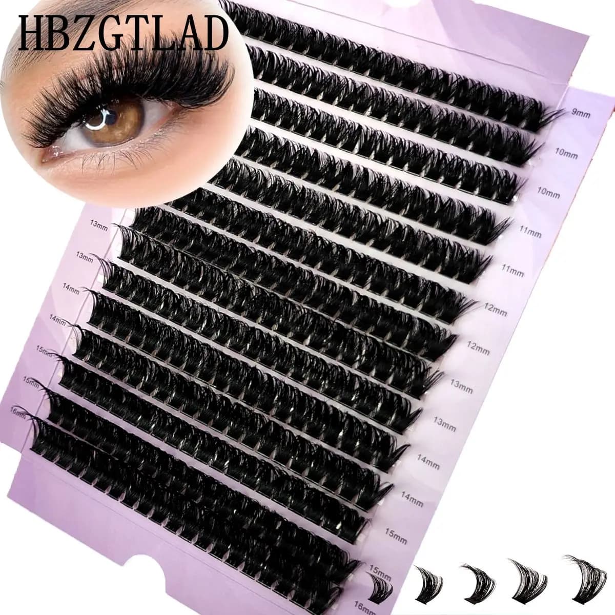 Ciglia Finte a Ciuffetti Purple Box 60D-160D, Mix 9-16mm, Extension Ciglia Separate Effect Wispy, 14 File, DIY, in Visone, for Make-up