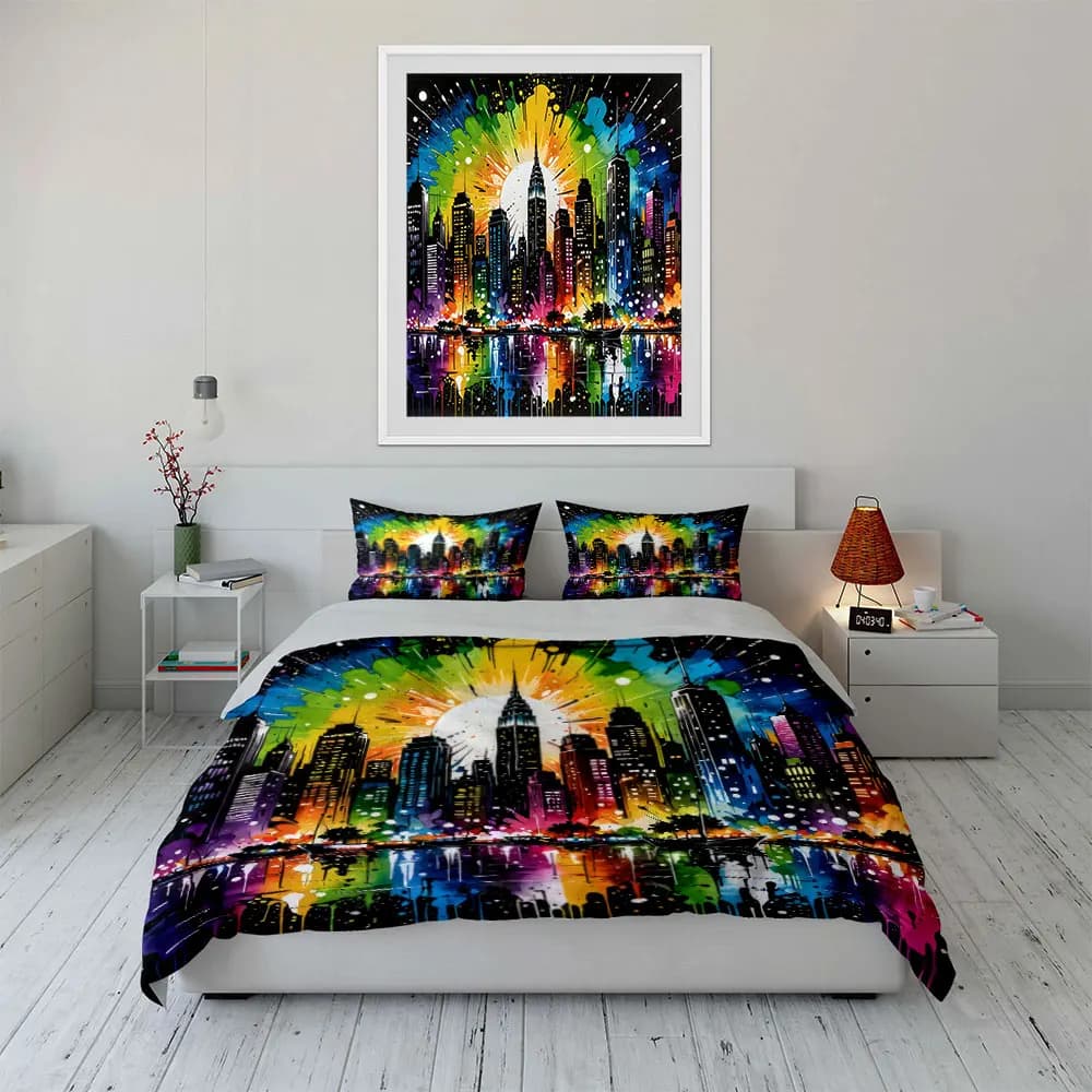 Set di biancheria da letto con decorazioni artistiche colorate con paesaggi urbani, con 1 copripiumino, 2 federe, singolo, matrimoniale, king, queen, regalo