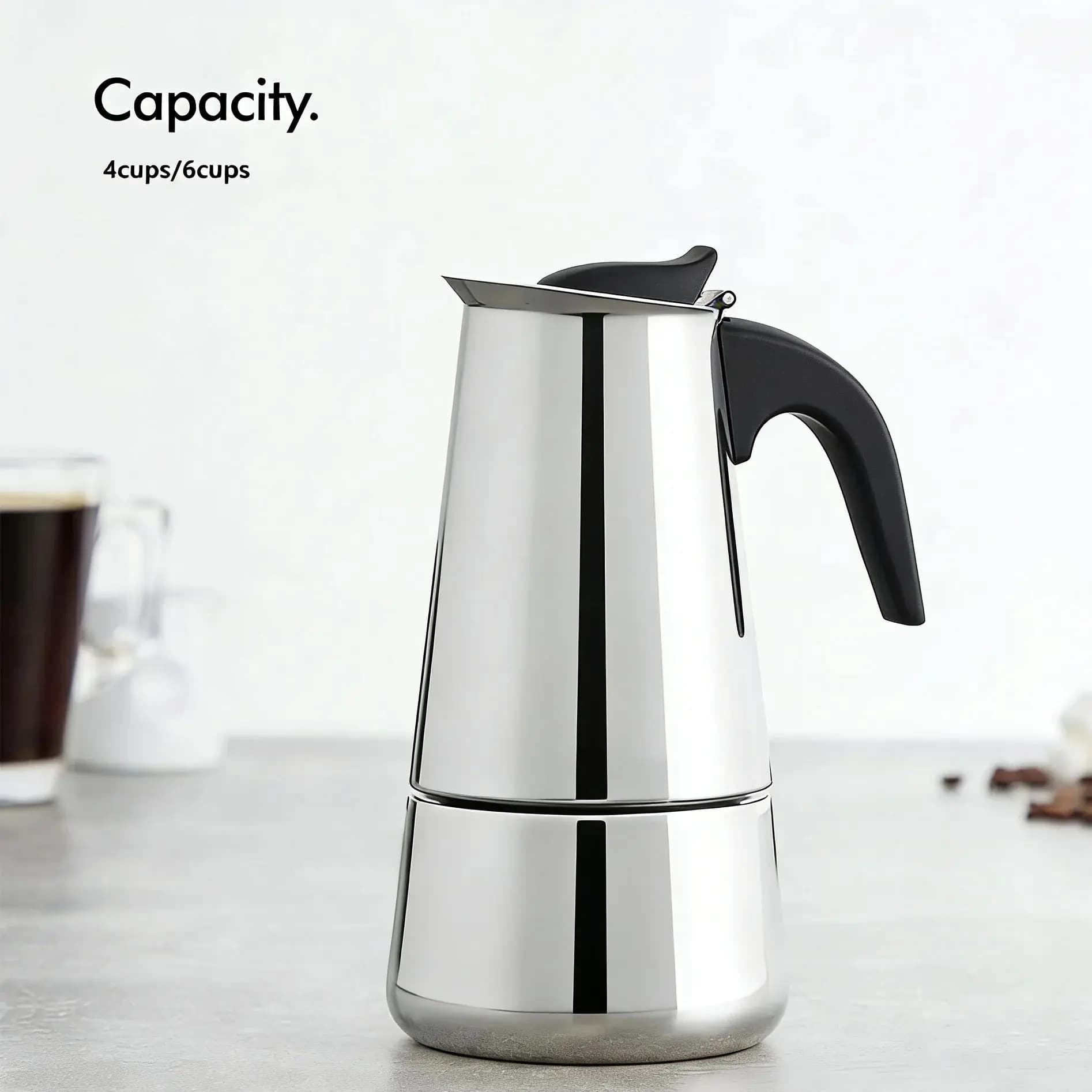 Caffettiera Moka in Acciaio Inox 4/6 Tazze, Nero Opaco, Stile Nordico Uso Domestico/Ufficio/Esterno. Compatibile con Induzione e Gas