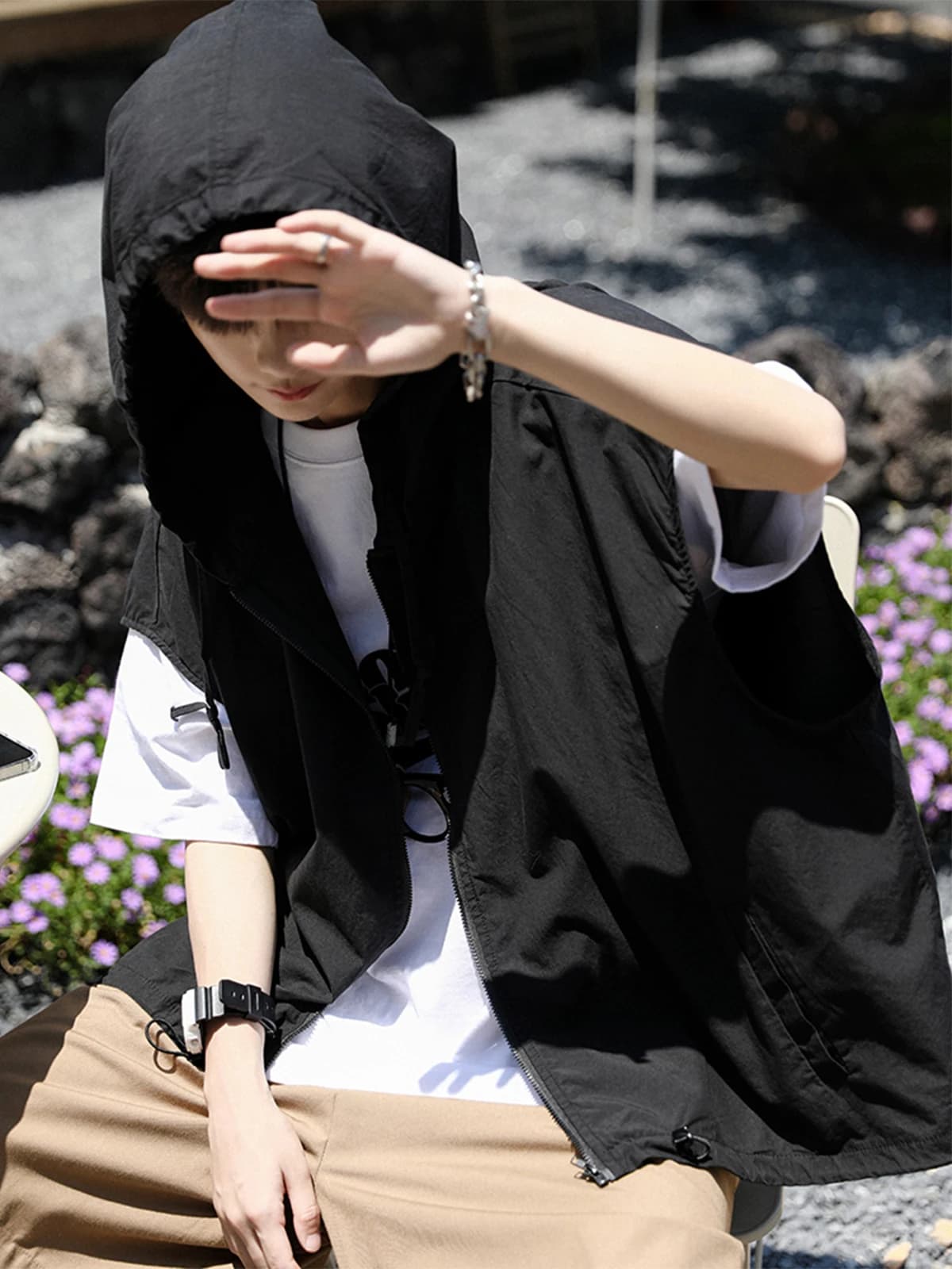 Loose Fit Summer Hoodie Vest Unisex Retro Workwear Short Length Multi-Pocket Functional Outerwear for Men And Women