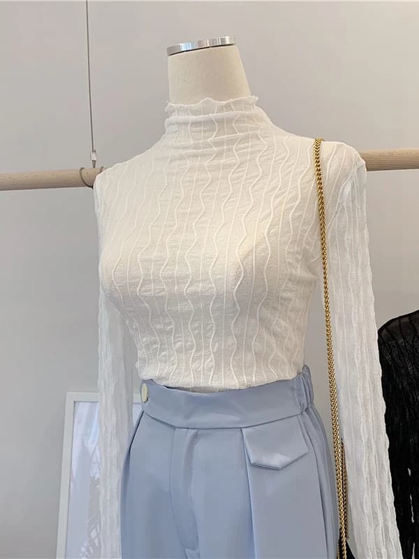 Fashionable High-Neck Lace Trim Fleece Lined Base Shirt Korean Style Slim Fit Long Sleeve Color Commute Wear Women's Top