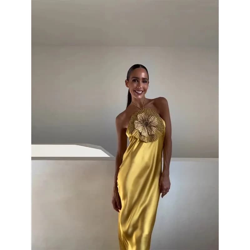 Elegant Party Women's Dress 3D Flower Halter Sleeveless Backless Mermaid Satin Female Dresses 2026 Summer Chic Evening Lady Robe