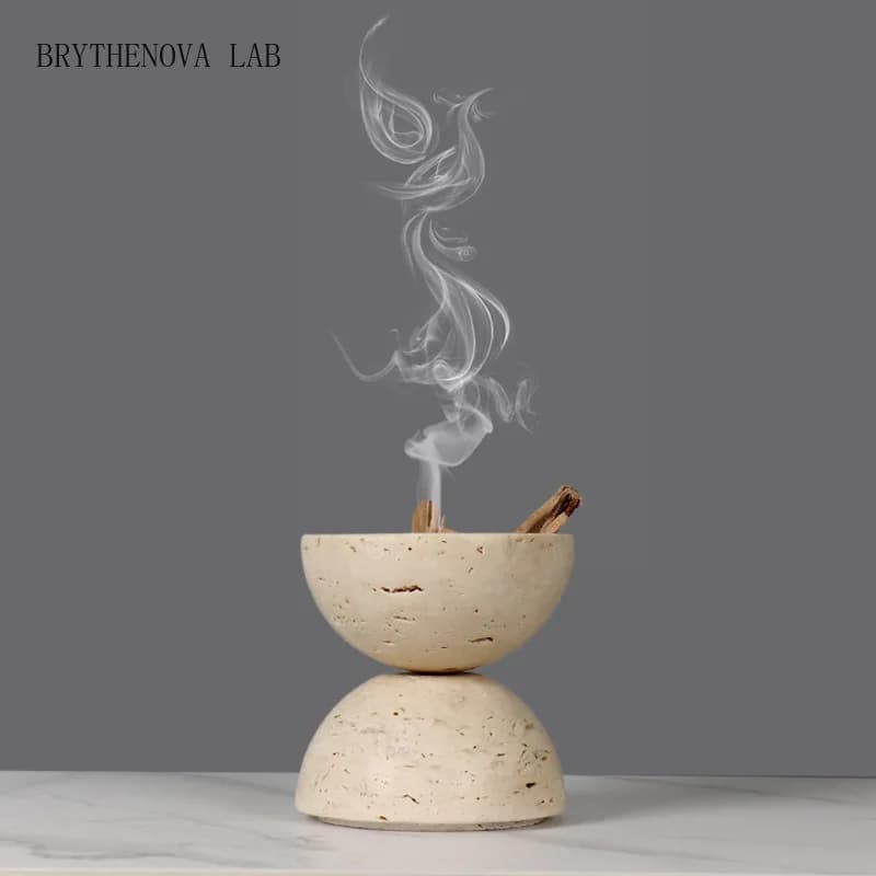 Natural Limestone Beige Marble Incense Burner, 9-hole Sphere, Wooden Arabic Plate Container, Dining Table Incense Rack