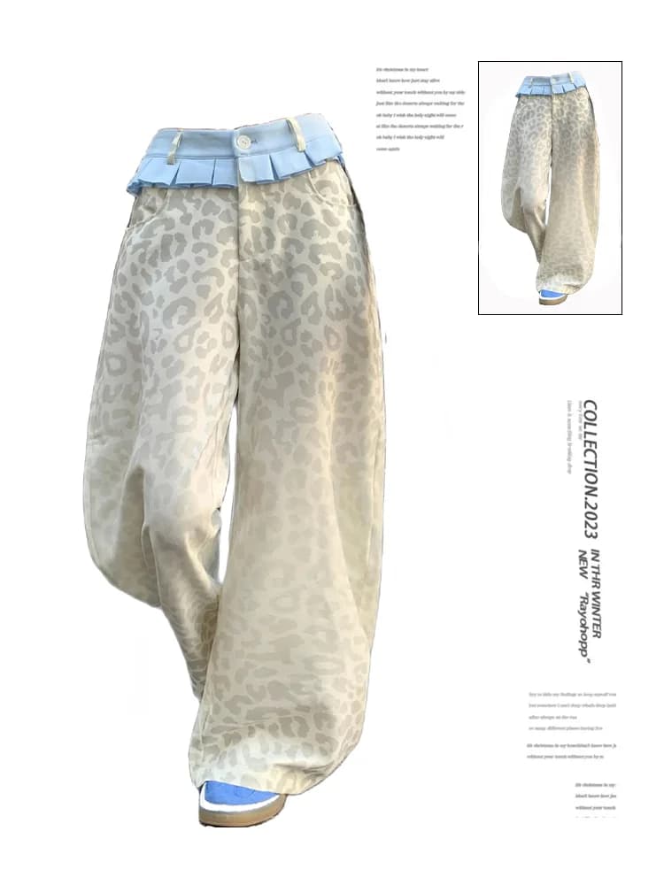 Jeans Y2k con stampa leopardata beige da donna Pantaloni larghi in denim estetico Harajuku Streetwear Pantaloni Jean Vintage anni 2000 Trashy Clothes