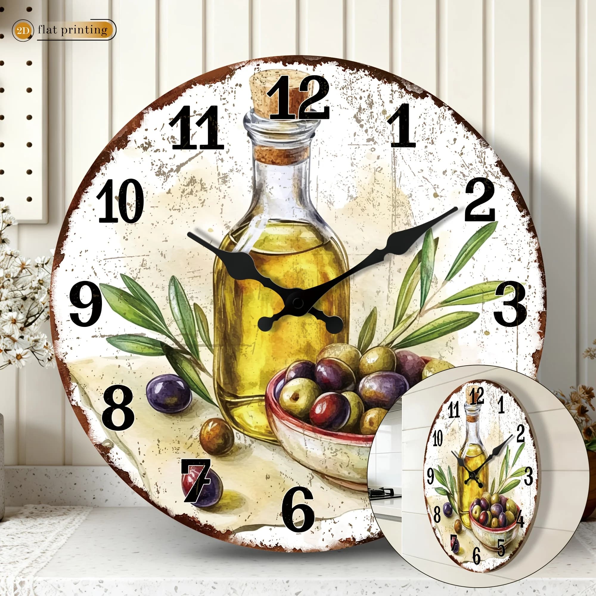 2D Flat] 1pc Olive-themed Rustic Wall Clock / Modern Creative Wooden Round Silent Wall Clock / Suitable for Restaurant, Kitchen, and Graduation Party Decorations / Birthday and Mother's Day Gifts (AA Batteries Not Included) / 2D Flat