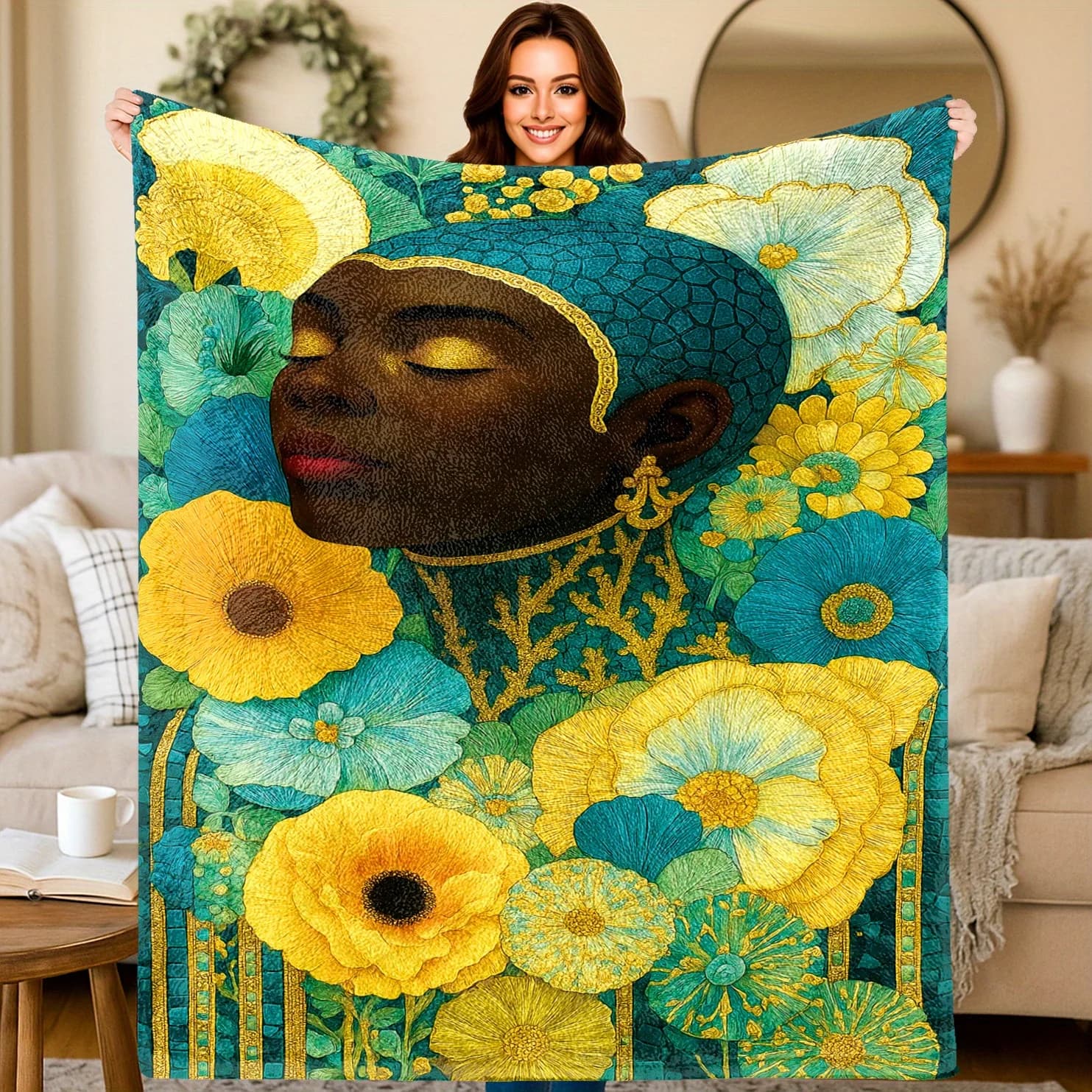 Coperta stampata in flanella con tema artistico femminile con ritratto floreale adatta a tutte le stagioni adatta per i viaggi del divano dell'ufficio del soggiorno