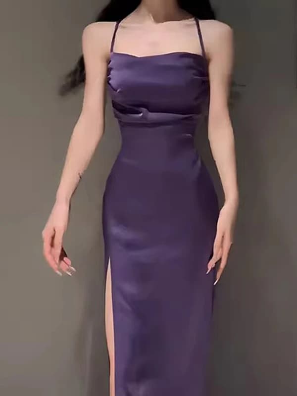 Elegante Abito Lungo Viola Senza Schienale con Spalline da Donna, Leggero e Lussuoso, Stile Coreano, per la Primavera
